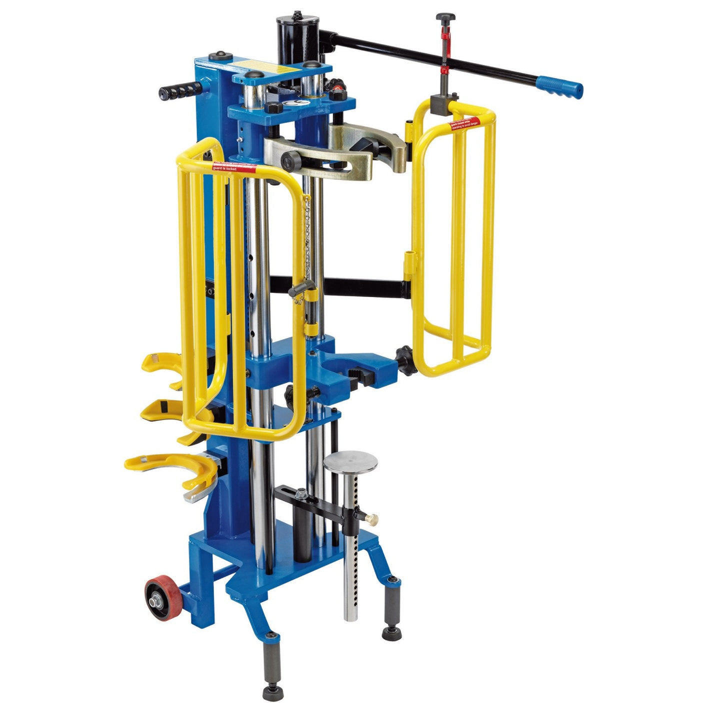 The Draper Expert SC100 Hydraulic Spring Compressor, featuring blue and yellow components, hand-operated mechanisms, and wheels for easy mobility, is perfect for professional workshop use.