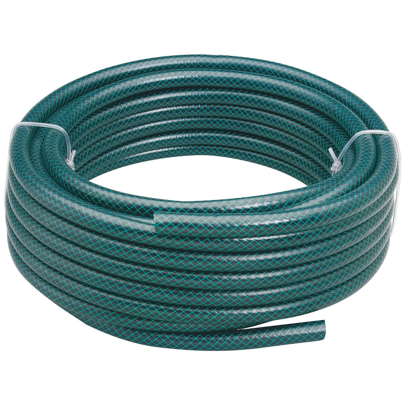 Draper GH1 Green Watering Hose, 12mm Bore, 15M, featuring a diamond-patterned texture and polyester yarn reinforcement for enhanced kink resistance, secured with zip ties.