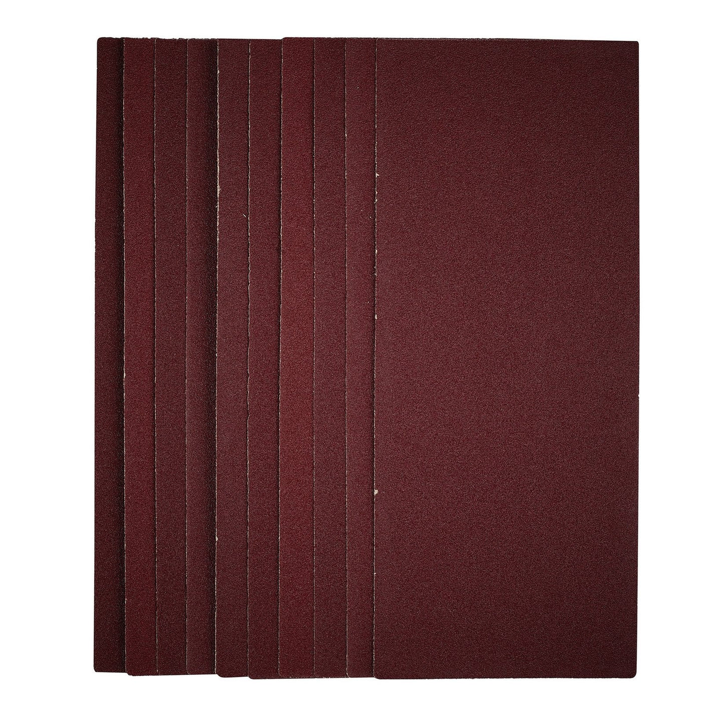 A pack of ten Draper 1/2 Sanding Sheets, each measuring 115 x 280mm with an 80 grit dark red aluminium oxide abrasive surface, stacked slightly offset and compatible with 1/2 sanders.