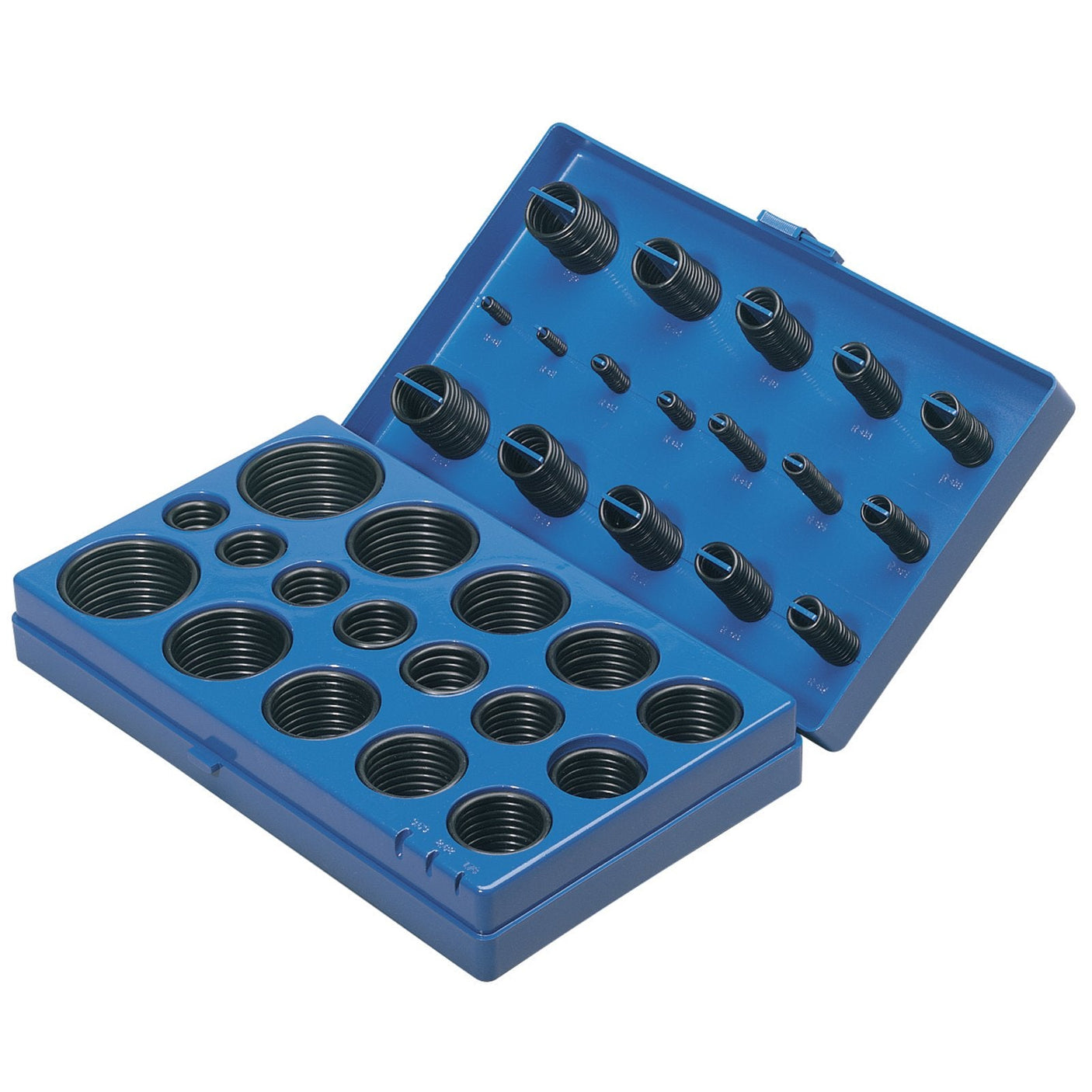 The Draper O-Ring Assortment (419 Piece) - O-RING/419, a blue plastic storage case containing various sizes of black O-rings neatly arranged in rows and columns, emerges.