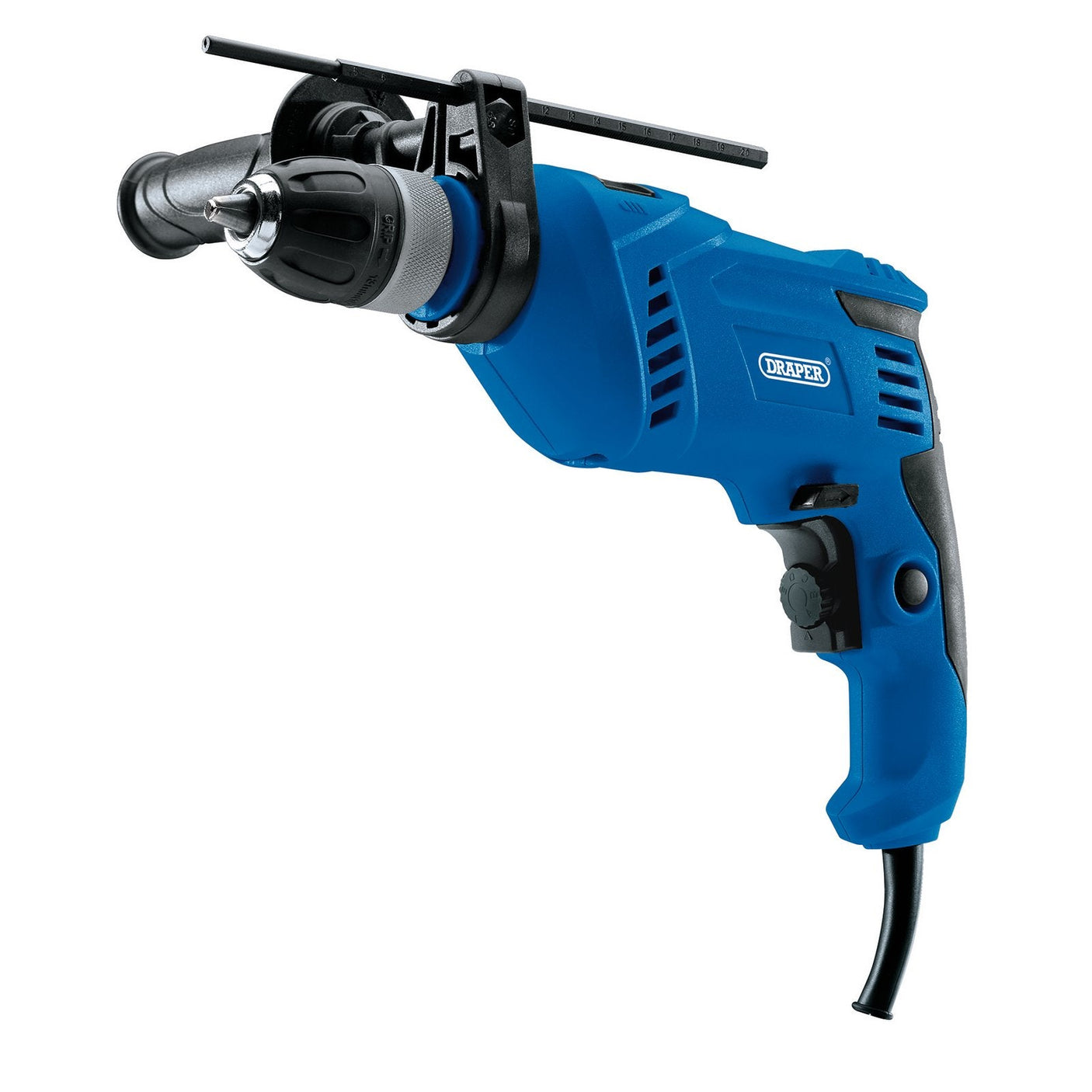 The Draper 230V Impact Drill, 710W - ID710D, features a blue color with a black handle, an adjustable front grip, and a 13mm keyless chuck.