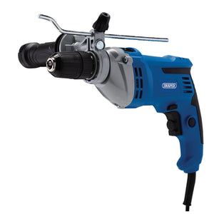 Rewrite: The Draper 230V Impact Drill, 750W - ID750MGD, is a blue and black electric corded drill featuring an adjustable side handle, variable speed control, and a metal depth rod.