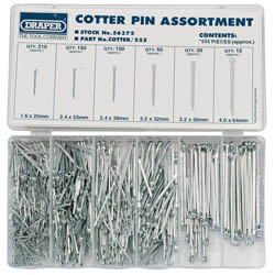 The Draper Split Pin Assortment (555 Piece) - COTTER/555 is a plastic storage case labeled "Cotter Pin Assortment," containing various sizes and quantities of zinc-plated split pins, all neatly organized in compartments.