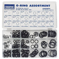 The Draper O-Ring Assortment (225 Piece) - O-RING/225 by Draper is a plastic storage case with various sizes of black O-rings organized in small compartments.