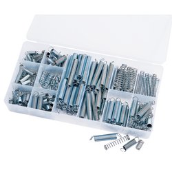 A Draper Compression And Extension Spring Assortment (200 Piece) - SPRING/200 organizer box, holding a variety of metal springs, including plated and extension springs in different sizes and shapes, with the lid open.