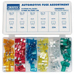 The Draper Standard Automotive Plug-In Fuse Assortment (120 Piece) - FUSE/120 is an open plastic storage case labeled "Automotive Fuse Assortment" that contains various colored automotive fuses in labeled compartments. This assortment includes five different amperage ratings, ranging from 5A to 30A.