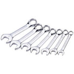 A set of seven Draper Hi-Torq® Metric Stubby Combination Spanners (Product Code: 8226/7/MM), featuring both open and box ends, each chrome plated.