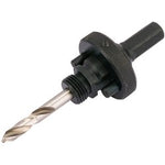 A Draper Quick Release Hex Shank Holesaw Arbor with an HSS Pilot Drill for Holesaws (32 - 210mm, 7/16" Thread) attached to a black quick release drill bit holder.