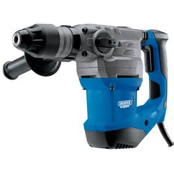 A blue and gray Draper Expert 230V SDS+ Rotary Hammer Drill (SDSHD1500E) with a side handle, power cord, and chisel capability, weighing 5.2 kg and powered by a 1500W motor.