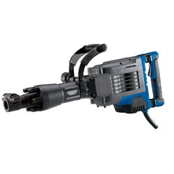 The Draper Expert Breaker, 18.5Kg, 1700W - HXBKR1700E is a heavy-duty electric jackhammer with a black and blue body, featuring an anti-vibration gripping handle, a long, rugged drill bit, and a fan-cooled motor.