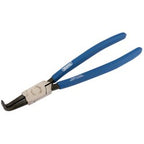 Introducing the Draper 90° Tip Internal Circlip Pliers, 215mm - 49/INT: These durable pliers feature blue non-slip cushion-grip handles for comfortable use and a silver metallic body constructed from sturdy chrome nickel steel. Designed with chemically blacked tips and a curved, hooked tip, they ensure precision in every task.