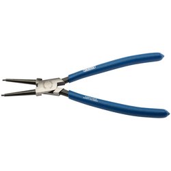 The Draper Straight Tip Internal Circlip Pliers, 225mm - 49/INT, are designed with blue non-slip handles and chemically blacked tips, making them perfect for installing and removing internal retaining rings in mechanical devices.