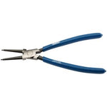 The Draper Straight Tip Internal Circlip Pliers, 225mm - 49/INT, are designed with blue non-slip handles and chemically blacked tips, making them perfect for installing and removing internal retaining rings in mechanical devices.