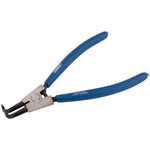 A pair of Draper 90° External Circlip Pliers, 200mm – 49/EXT, featuring blue non-slip cushion-grip handles and curved tips.