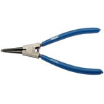 The Draper Straight Tip External Circlip Pliers, 210mm - 49/EXT feature blue non-slip cushion-grip handles and a durable metal jaw.