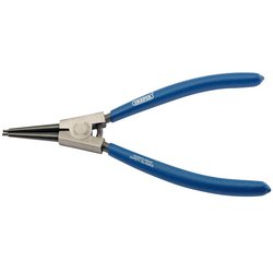 The Draper Straight Tip External Circlip Pliers, 210mm - 49/EXT feature blue non-slip cushion-grip handles and a durable metal jaw.