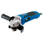 A Draper Storm Force® Angle Grinder, AG650/115SF, 115mm, 650W, in blue and black comes with a side handle, metal grinding disc attachment, and an adjustable guard. This 230V tool features a convenient spindle lock for effortless disc changes.