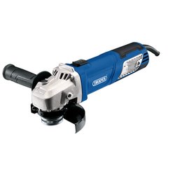 The Draper Angle Grinder, 115mm, 950W - AG950/115D is a blue and silver electric tool equipped with a black handle. It features ventilation openings on the side and boasts a powerful 950W motor. For easy wheel changes, it includes a spindle lock, and an adjustable guard enhances safety.