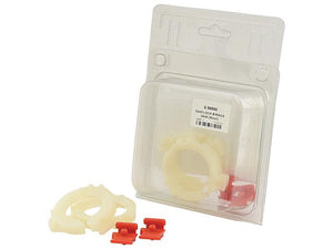 Plastic packaging containing Sparex | EASYLOCK B/RINGS 34/40 (Small) - S.56550 with two eartlock rings and two red plastic clips outside the package.