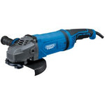 A Draper Expert 230V Angle Grinder, model AG2600/230E, features a blue and black finish, a powerful 2600W motor, a side handle for better control, and an included power cord. The grinder is equipped with a protective shield and is suitable for cutting or grinding various materials.