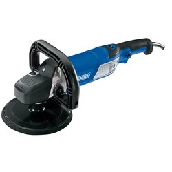 The Draper 230V Sander/Polisher, model POL1200/180D, features a blue handle and a black polishing wheel. This 1200W tool offers variable speed control, making it ideal for surface buffing and finishing tasks with precision and efficiency.