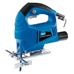 The Draper Storm Force® Jigsaw, 400W - JS400SF is a blue, handheld jigsaw featuring a black handle and a clear plastic guard. Designed for cutting shapes into various materials, this tool includes a wood-cutting blade, dust extraction system, and variable speed control for precise cutting.