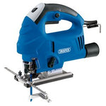 The Draper 230V Orbital Jigsaw, 710W - JS710D, in blue and black with a silver base and a blue blade, is designed for cutting wood and other materials. This jigsaw features variable speed control for precision cuts and a quick blade change system for added convenience.