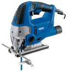 The Draper 230V Orbital Jigsaw, 800W - JS800D features a blue and silver design, a black handle, a clear guard, and variable speed control, making it ideal for cutting wood and other materials.