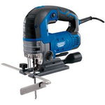 The Draper 230V Jigsaw, 750W - JS750E by Draper, is a blue and black electric jigsaw with a cord. It features variable speed control, a blade, an adjustable base, an ergonomic handle, and quick blade change.