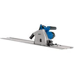 The Draper 230V Plunge Saw With Guide Rails, 165mm, 1200W - PS1200D is a circular track saw with a blue and gray body, featuring a guide rail for precise cutting and a bevel cutting base for angled cuts.