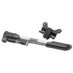 The Draper Dual Connector Bicycle Hand Pump - BK-HP by Draper is a lightweight aluminum hand pump with a sleek black and silver design, featuring a precise pressure gauge, an auto-fit dual connector head, and a convenient mounting bracket for easy attachment.