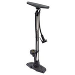 The Draper Dual Connector Bicycle Track Pump - BK-TP, from Draper, is a standing bicycle track pump with a black base and handle, featuring a built-in pressure gauge and an auto-fit dual connector hose and nozzle.