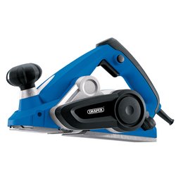 A Draper 82mm Electric Planer (900W) - P900D82, featuring a blue and black design, equipped with a side handle, power cord, and offering a cutting depth of 3mm.