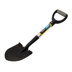 Image of the Draper Round Point Mini Builders Shovel With Fibreglass Shaft - BSRPFG, showcasing a black mild steel blade, a yellow handle with a fibreglass shaft, and a D-shaped grip at the end.