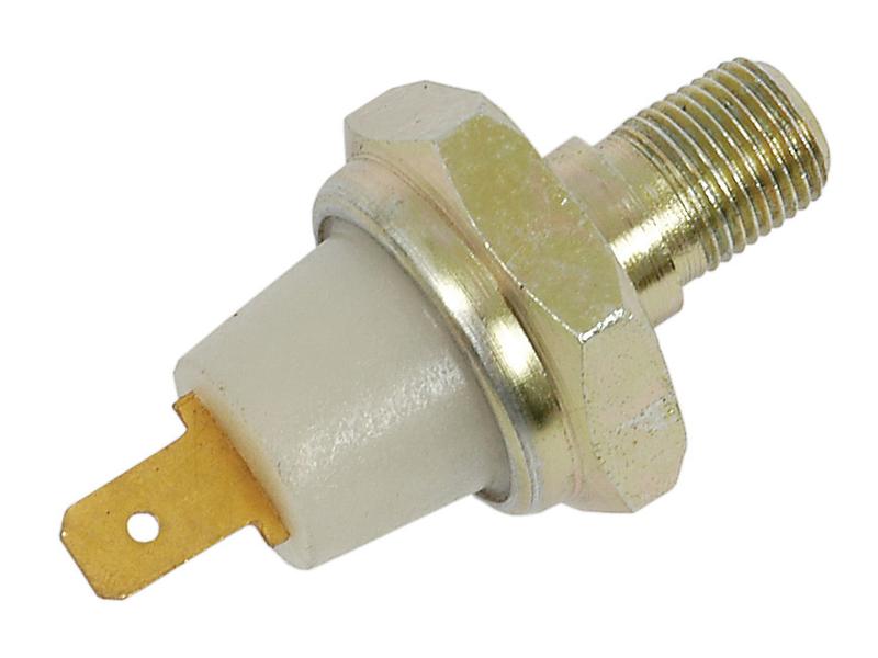 Close-up of the Oil Pressure Switch (Sparex Part No. S.57588) featuring metal and plastic construction, with a threaded end and a flat electrical connector, designed for Case IH machinery.