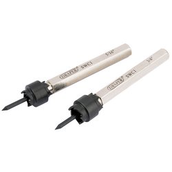 Two metallic Draper Spot Weld Cutter Set bits, with white handles marked "3/8" and "5/16" and black cutting ends, featuring a hexagon shank for secure grip.