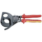 The Draper Knipex 95 36 250 Vde Heavy Duty Cable Cutter, measuring 250mm, features red and yellow ergonomic handles, a curved cutting edge for slicing through thick cables, and insulated tools ideal for live line working.