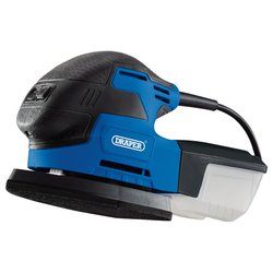 A Draper 230V Tri-Base Detail Sander, 220W - TPS220D in blue and black, equipped with a triangular sanding pad, an attached dust collection box at the rear, and an interchangeable base for different sanding sheets. The brand name "Draper" is clearly visible on the side.