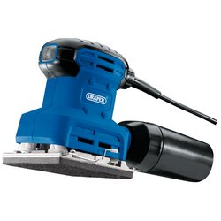 The Draper 1/4 Sheet Sander, 220W - 1/4S-220D is a blue electric sander featuring a black ergonomic handle, ventilation openings, a power cord, and an attached dust collection box. The device includes a hook and loop base for easy attachment of sanding sheets.