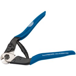 Close-up of the Draper Wire Rope/Spring Wire Cutter, 190mm - 4857, featuring spring-loaded blue handles and high carbon steel blades, designed for cutting up to 5mm diameter wire rope.