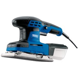 The Draper 1/3 Sheet Sander, 260W - 1/3S-260D is a blue and black electric handheld sander featuring a hook and loop base for easy attachment of sanding sheets, complete with a power cord and efficient dust collection box.