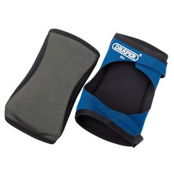 Two Draper knee pads, branded as the "Draper Pair Of Rubber Knee Pads - KP4," feature one with a padded neoprene rubber front and the other showcasing adjustable hook and loop straps with the Draper logo visible, making them ideal for general-purpose tasks.