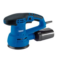 The Draper Random Orbit Sander, 125mm, 430W - ROS430D, a blue handheld electric sander, features a black handle and cord. It comes with a built-in dust collection system for a cleaner workspace and variable speed control for precision smoothing.