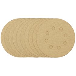 A stack of Draper Gold Sanding Discs with hook and loop backing, 125mm in diameter, 180 grit, and featuring eight dust extraction holes per disc for efficient dust extraction (Pack of 10) - SDHALG125.