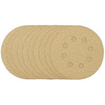 A stack of Draper Gold Sanding Discs with hook and loop backing, 125mm in diameter, 180 grit, and featuring eight dust extraction holes per disc for efficient dust extraction (Pack of 10) - SDHALG125.