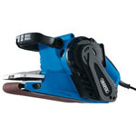 The Draper Belt Sander, 75mm, 1010W - BS75-1010D features a blue and black design with a grip handle, power cord, and variable speed settings.