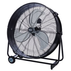 The Draper 230V Drum Fan, with a 30"/760mm diameter and a power rating of 125W (model HV30A), features a sturdy black metal frame, protective cage, and two wheels for easy mobility, making it ideal for heavy-duty use in any industrial setting.