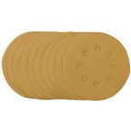 A pack of 10 Draper Gold Sanding Discs With Hook & Loop, featuring 8 dust extraction holes arranged in a circular pattern, displayed in a slightly fanned-out manner. These 125mm, 240 grit sanding discs are made from aluminium oxide.