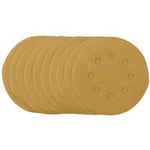 A pack of 10 Draper Gold Sanding Discs With Hook & Loop, featuring 8 dust extraction holes arranged in a circular pattern, displayed in a slightly fanned-out manner. These 125mm, 240 grit sanding discs are made from aluminium oxide.