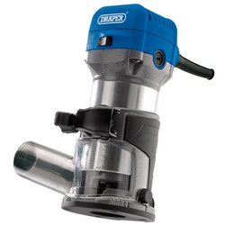 This image showcases the Draper Trimming Router, 710W - PR710D, featuring a blue casing and clear base. It boasts an aluminium body for durability and is branded with "Draper" on the top. The tool is equipped with a variable speed motor, enhancing its versatility for various routing tasks.